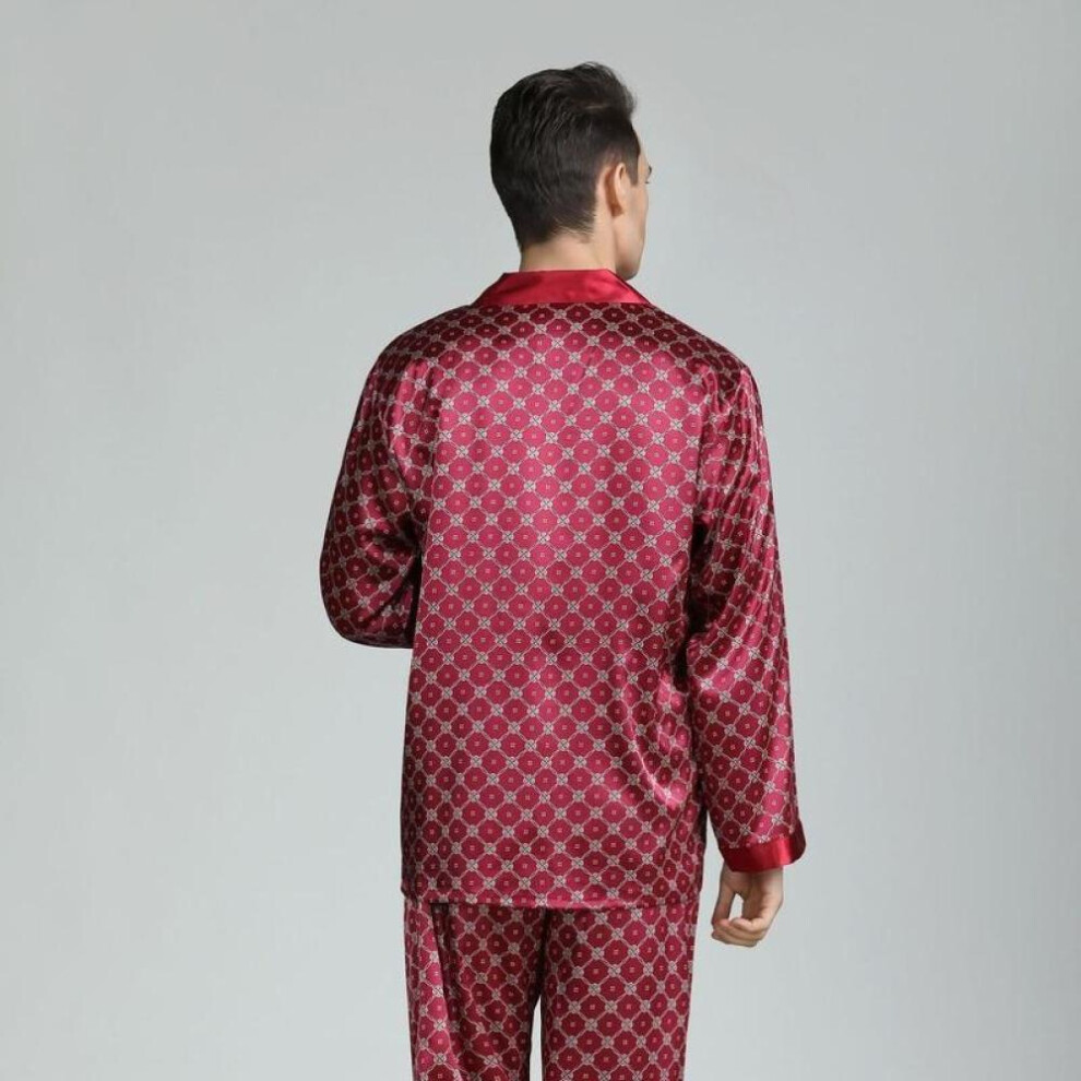 (dark red, XL) 2025 New  Men&apos;s Long Sleeve Silk Satin Classic Printed Pajama Set Luxury Silky Pajamas Sleepwear Set