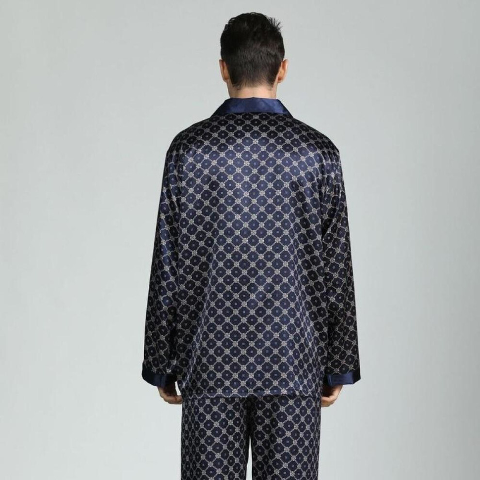 (dark blue, XXXL) 2025 New  Men&apos;s Long Sleeve Silk Satin Classic Printed Pajama Set Luxury Silky Pajamas Sleepwear Set