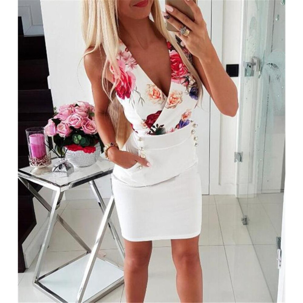 (white, S) Women Fashion Deep V-neck Floral Printed Sleeveless Summer Mini Bodycon Party Dresses Plus Size