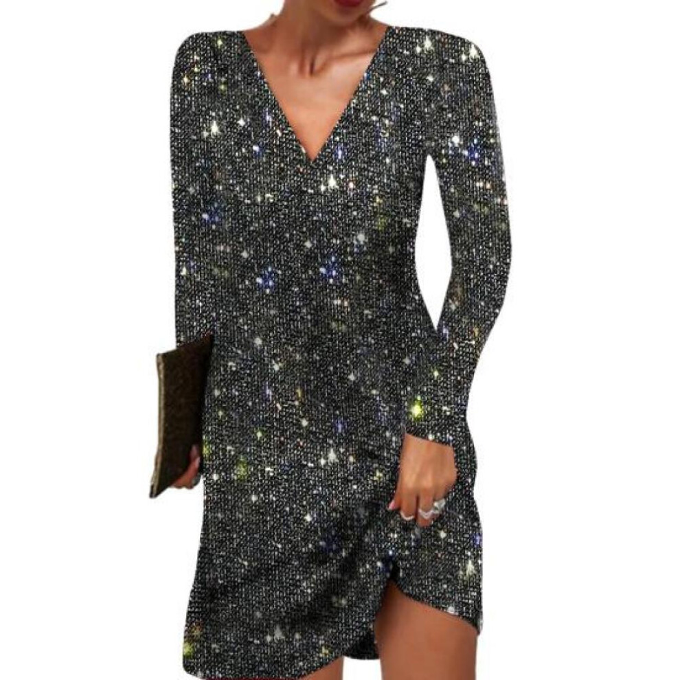 (black, 3XL) Women Dress Long Sleeve Shiny Solid Color Sequin Loose A-line V Neck Soft Breathable Pullover Elastic Above Knee Length Party Club Mini