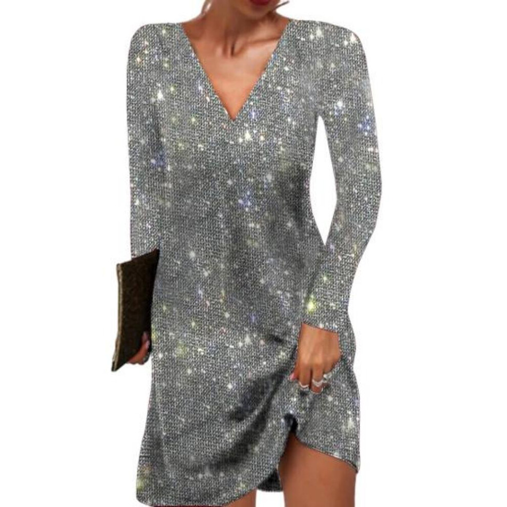 (silver gray, L) Women Dress Long Sleeve Shiny Solid Color Sequin Loose A-line V Neck Soft Breathable Pullover Elastic Above Knee Length Party Club Mini