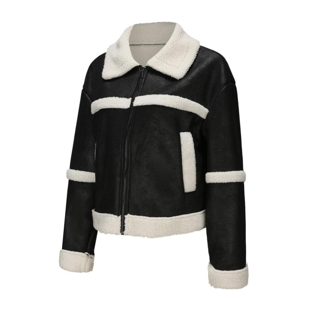 (black, 2XL) Women's Suede Faux Leather Jackets Plush Fleece Lined Lapel Zipper Short Coat Long Sleeves Windproof Warm Bomber Jacket Loose Fit Outer Wear