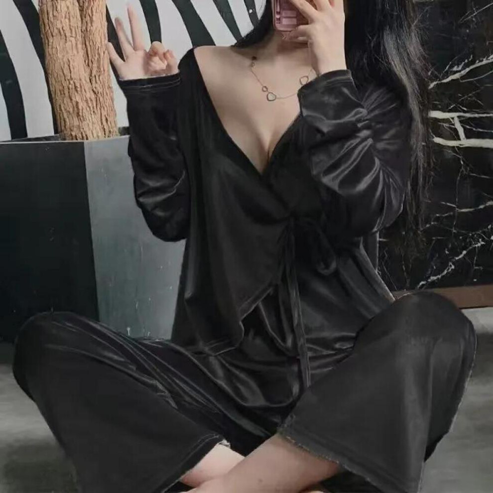(black, XL) Women&apos;s Sexy Gold Velvet Pajamas Set V-neck Japanese Kimono Homewear Spring Long-sleeved Solid Color Pyjamas Two-piece Set Sleeping Suit