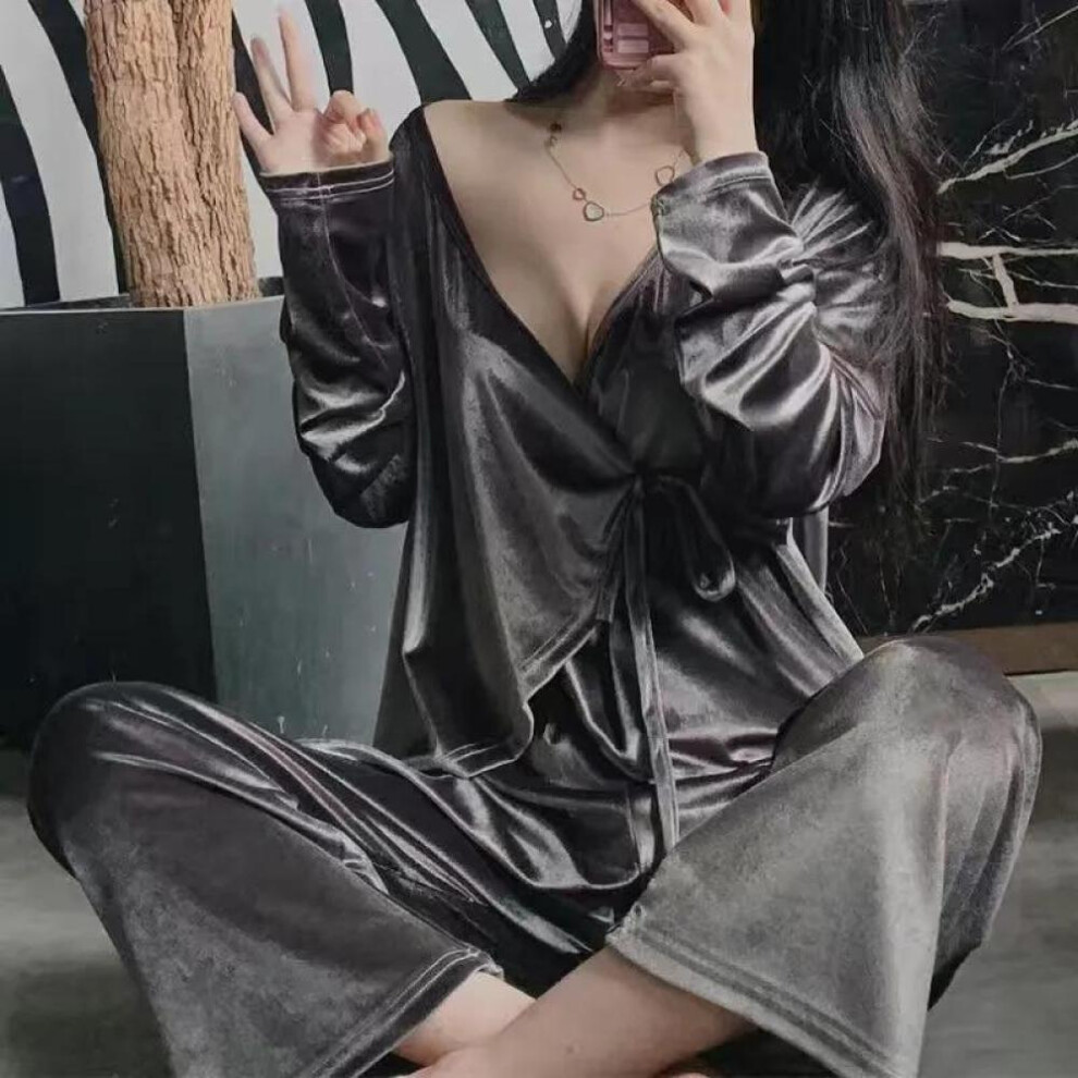 (grey, M) Women&apos;s Sexy Gold Velvet Pajamas Set V-neck Japanese Kimono Homewear Spring Long-sleeved Solid Color Pyjamas Two-piece Set Sleeping Suit