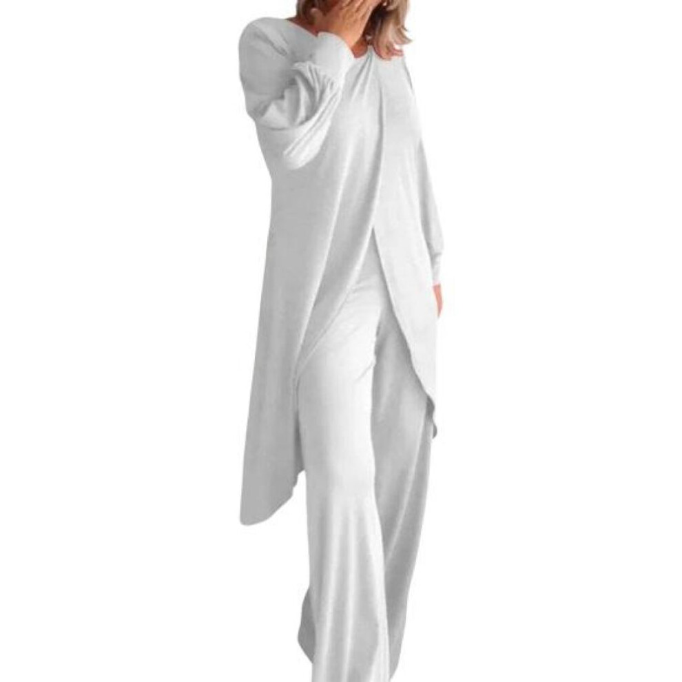 (white, XL) 2 Pcs/set Pants Set Irregular Hem Round Neck Sleeves Top Wide Leg Loose Plus Size Trousers