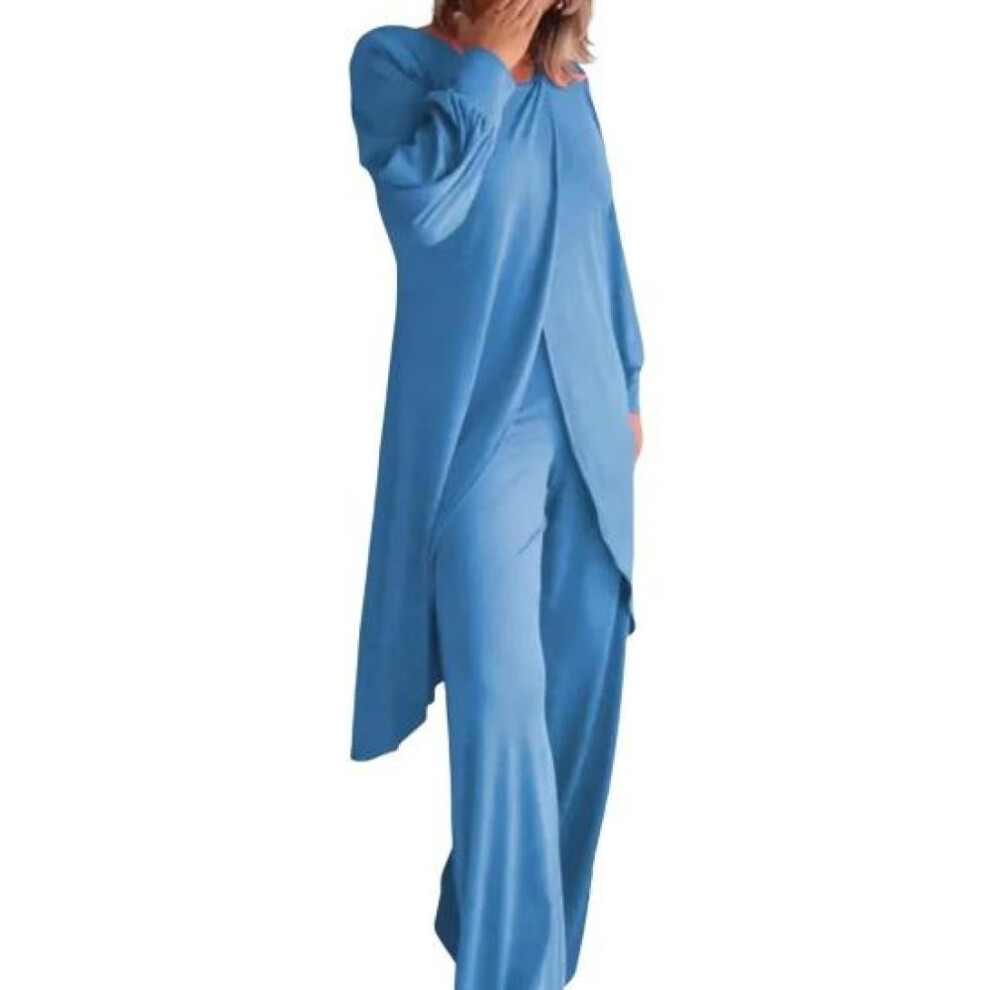(sky blue, M) 2 Pcs/set Pants Set Irregular Hem Round Neck Sleeves Top Wide Leg Loose Plus Size Trousers