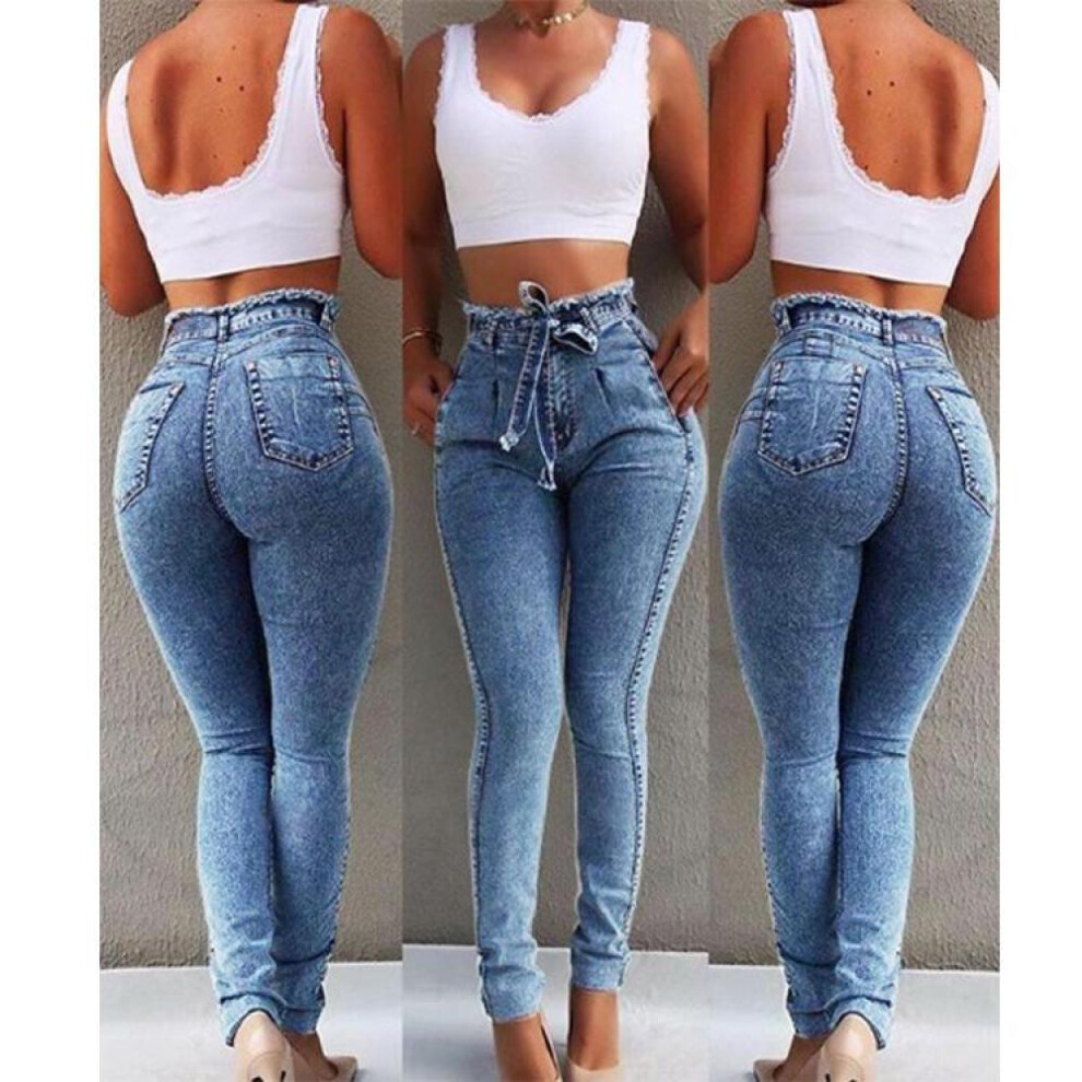 (light blue, 2XL) High Waist Jeans For Women Autumn Slim Stretch Denim Pencil Pants Tassel Belt Skinny Push Up Washed Jeans Woman Female Trousers