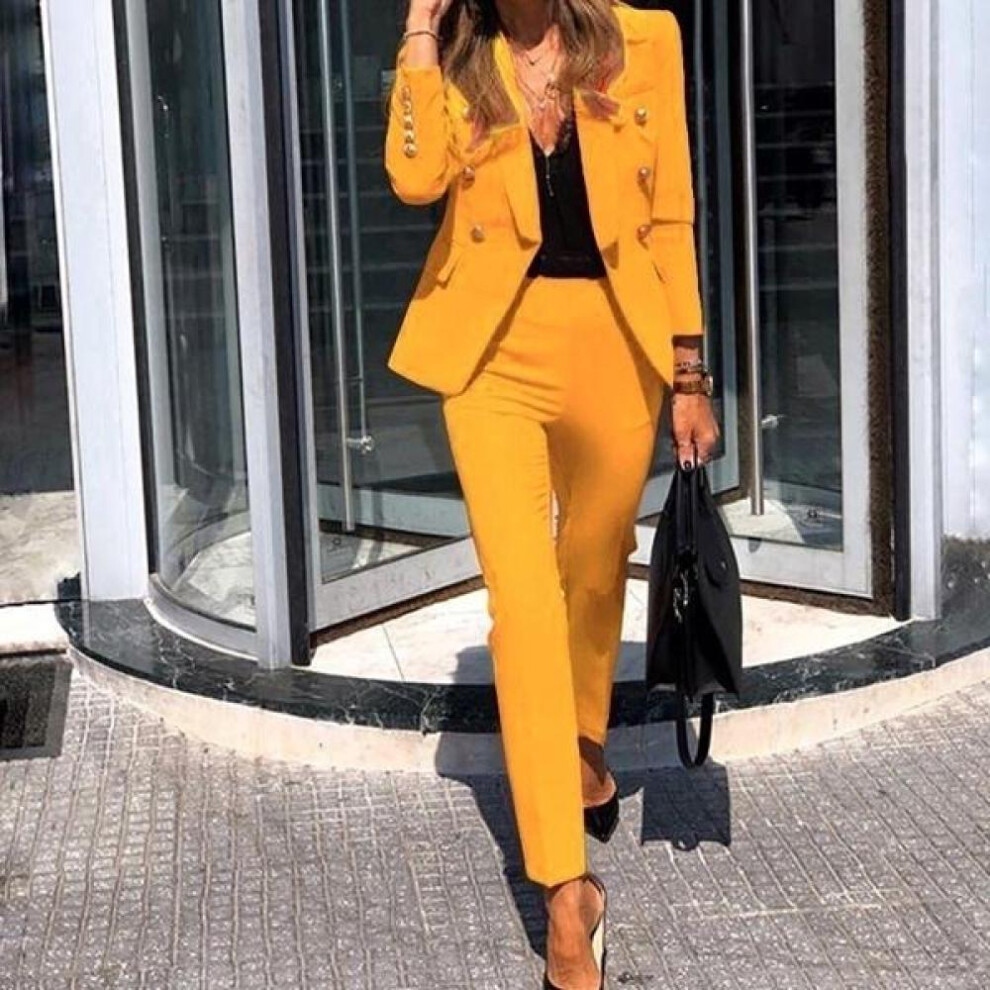 (yellow, XXXL) New Arrival Women&apos;s Fashion Two-piece Casual Suits Blazer And Pants Set Office Lady Clothing Solid Color Plus Sizeza