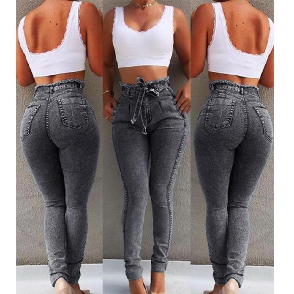 (grey, L) Women Bandage Denim Plus Size Jeans Femme Pencil Pants Skinny High Waist Jeans