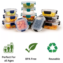 12-Piece Glass Meal Prep Containers with Snap-Lock Lids - Borosilicate Glass, BPA-Free, 320ml-1050ml, Freezer-to-Oven Safe - Green-Blue-Black