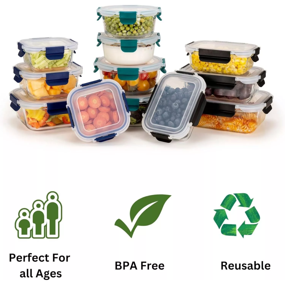 Glass Meal Prep Container With Snap Lock Lids -12 Set Green-Blue-Black