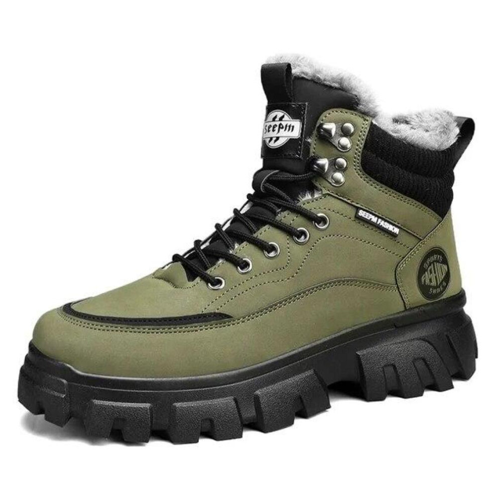 (green, 44) Men Tactical Winter Boots Mens Casual Ankle Winter Shoes High Top Platform Leather Outdoor Work Safety Sneakers