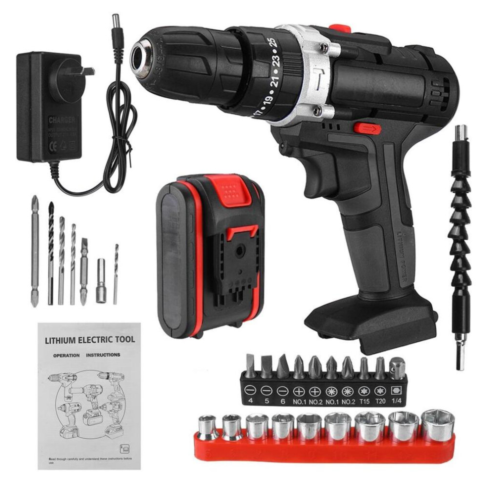 (1*Battery) 3 In 1 Electric Drill Screwdriver 2 Speed 25+3 Torque Driver Power Tool Set 88v With 2pcs 6000mah Battery Drill Accessories