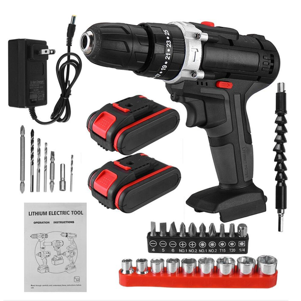 (2*Batteries) 3 In 1 Electric Drill Screwdriver 2 Speed 25+3 Torque Driver Power Tool Set 88v With 2pcs 6000mah Battery Drill Accessories