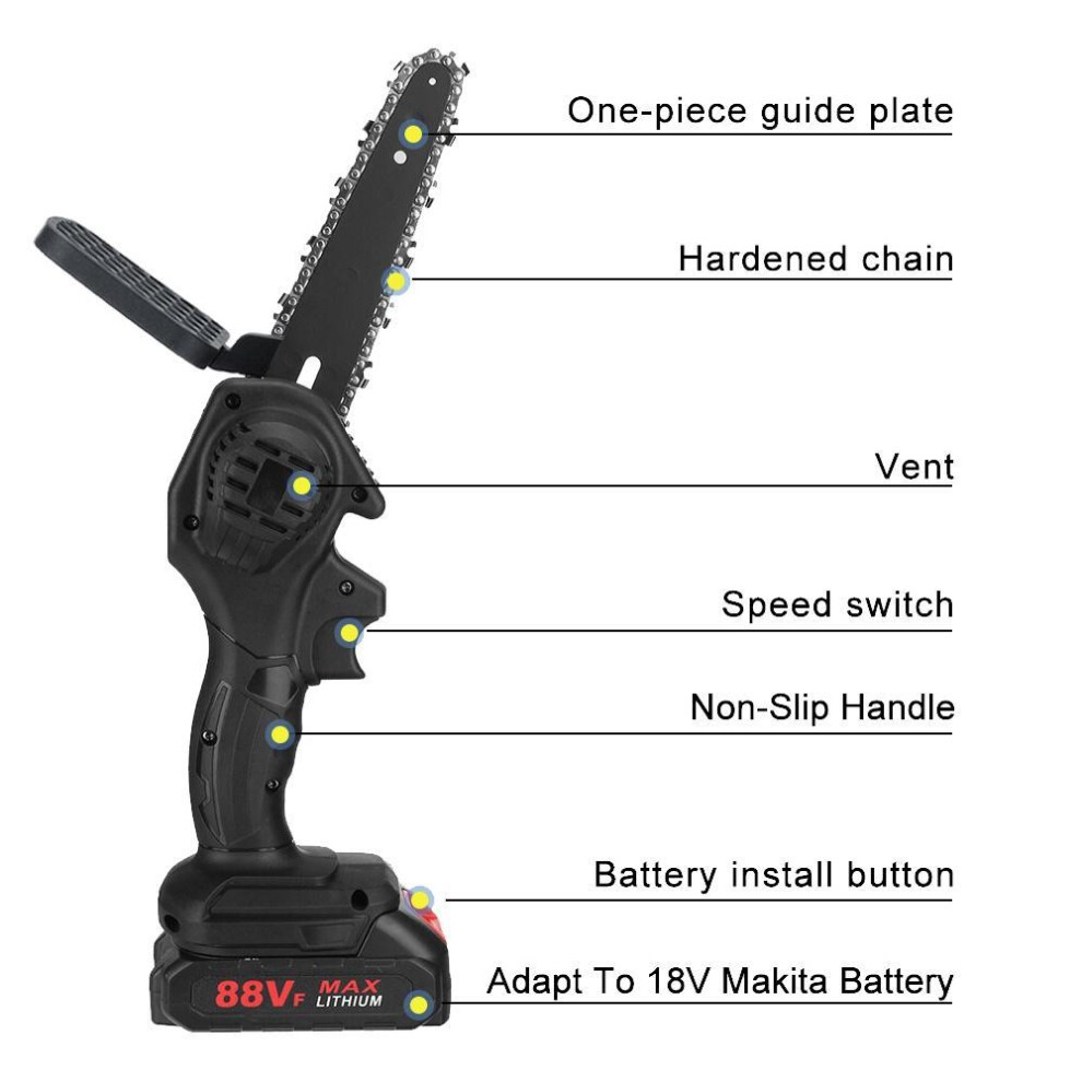 (black, Only machine) 6 Inches 3000w Mini Cordless Electric Chain Saw With 2pcs Battery 88v Woodworking Pruning Chainsaw One-handed Garden Logging Pow