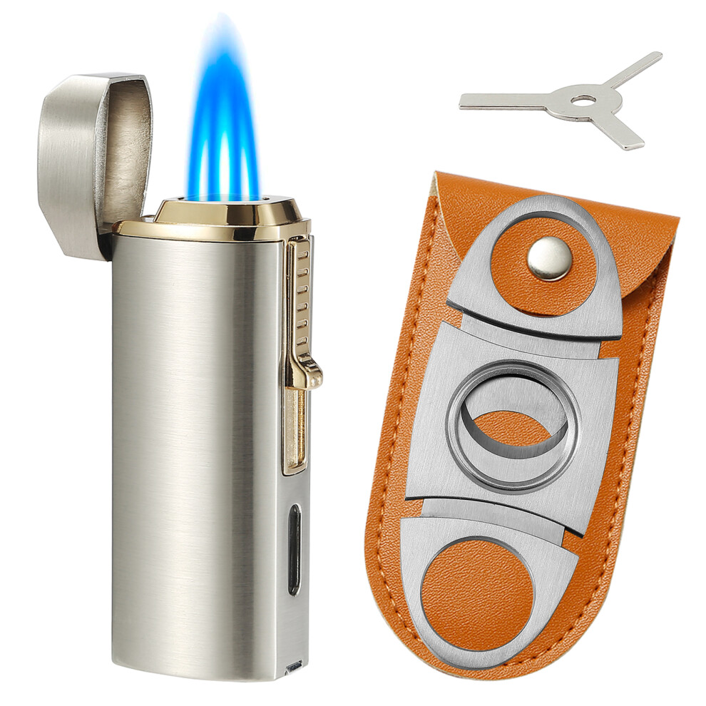 Yeuligo Silver (Silver) Triple Jet Flame Cigar Lighter And Cutter Set