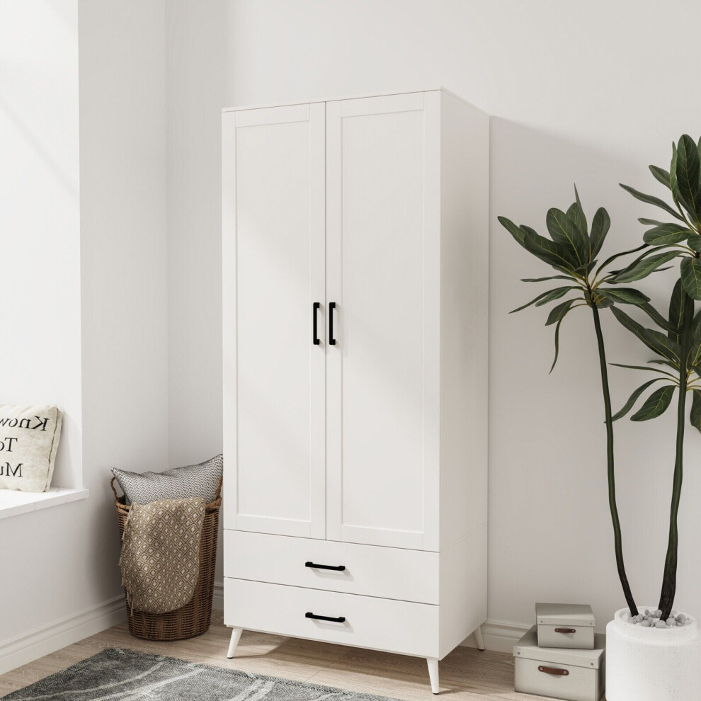 (White) DEVON 180cm Modern Wardrobe 2 Door 2 Drawer Bedroom Storage with Hanging Rail