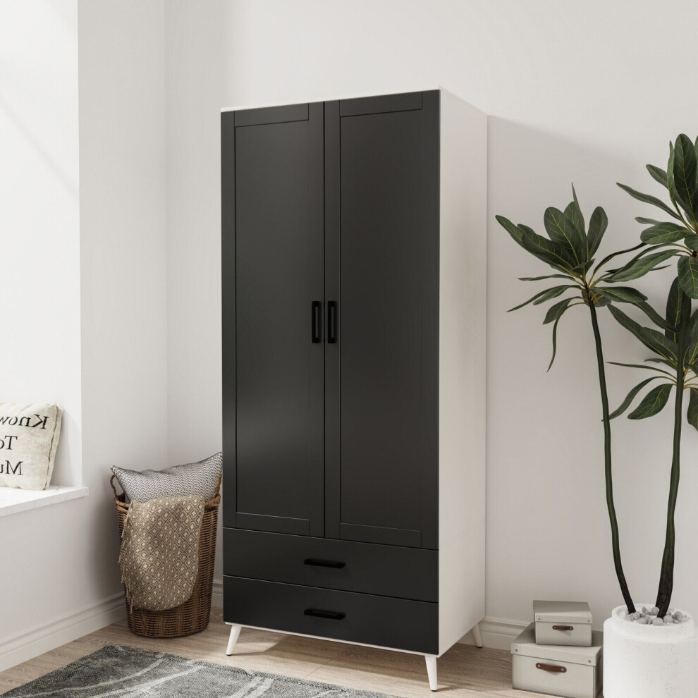 (White & Black) DEVON 180cm Modern Wardrobe 2 Door 2 Drawer Bedroom Storage with Hanging Rail