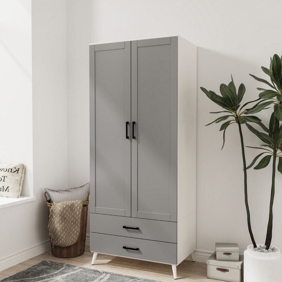 (White & Grey) DEVON 180cm Modern Wardrobe 2 Door 2 Drawer Bedroom Storage with Hanging Rail