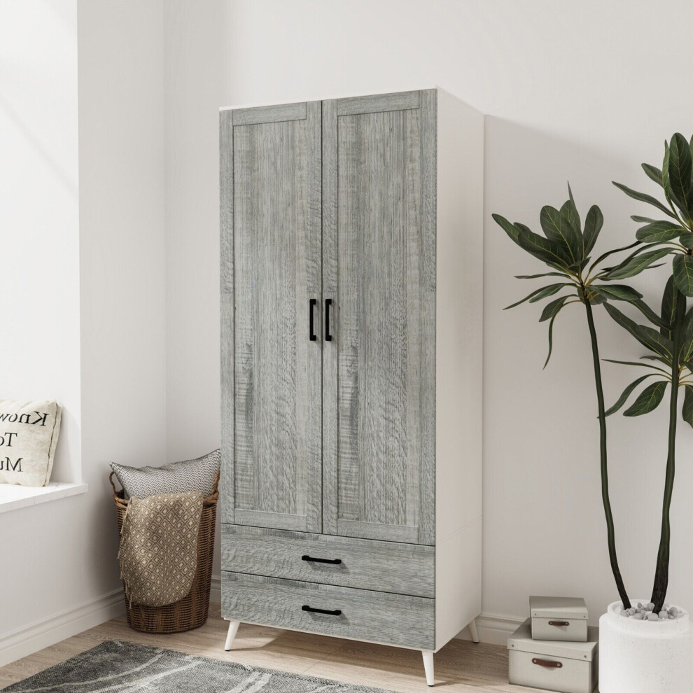 (White & Ash Grey) DEVON 180cm Modern Wardrobe 2 Door 2 Drawer Bedroom Storage with Hanging Rail