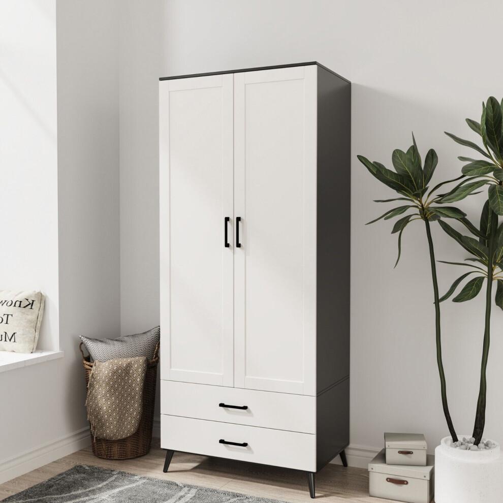 (Black & White) DEVON 180cm Modern Wardrobe 2 Door 2 Drawer Bedroom Storage with Hanging Rail