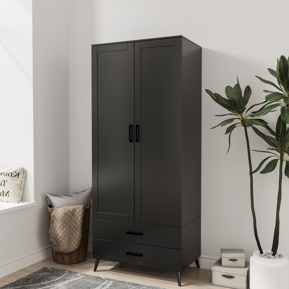 Urbn Living (Black) Devon 180Cm Modern Wardrobe 2 Door 2 Drawer Bedroom Storage With Hanging Rail