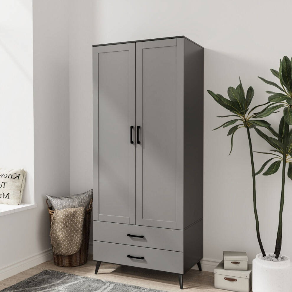 (Black & Grey) DEVON 180cm Modern Wardrobe 2 Door 2 Drawer Bedroom Storage with Hanging Rail