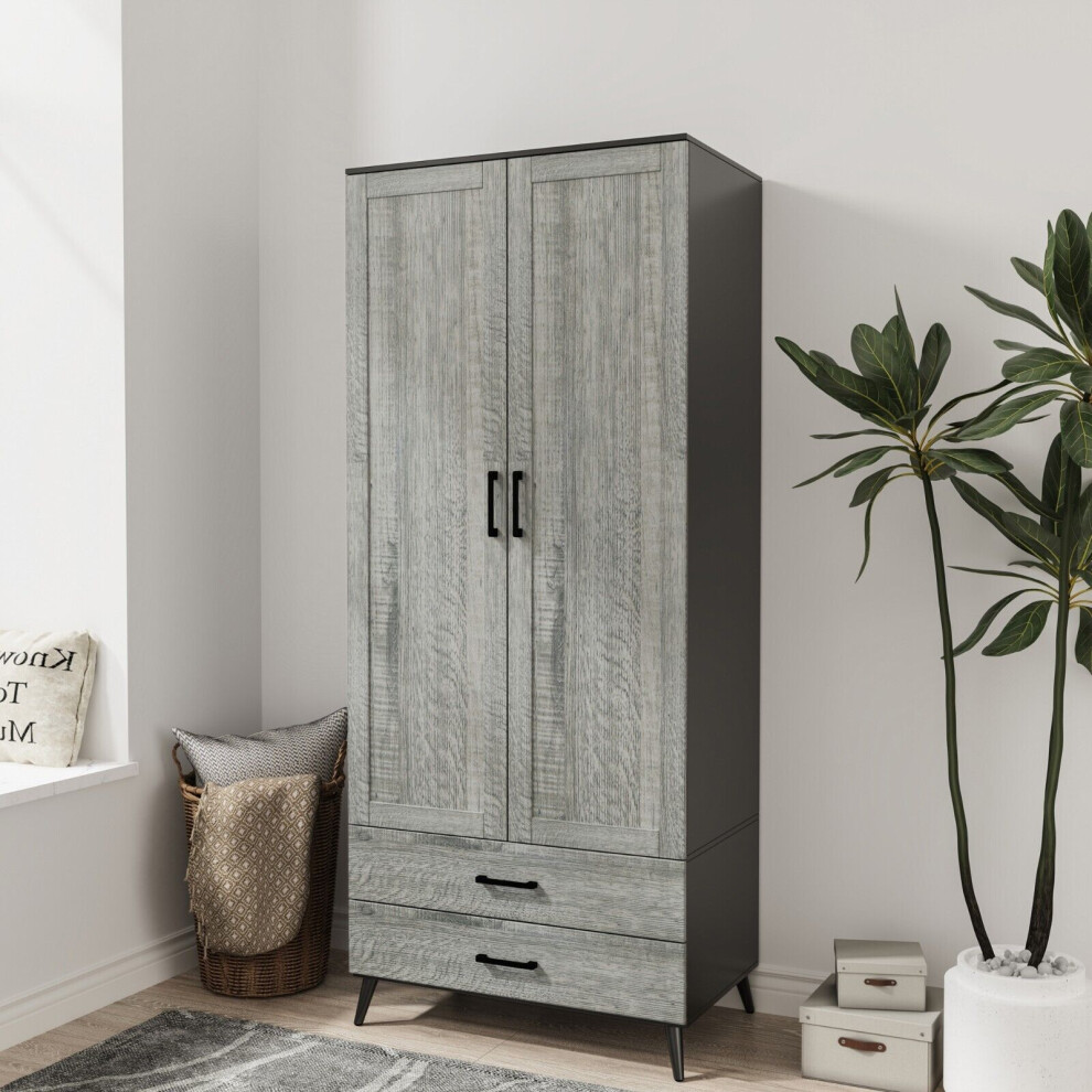 (Black & Ash Grey) DEVON 180cm Modern Wardrobe 2 Door 2 Drawer Bedroom Storage with Hanging Rail