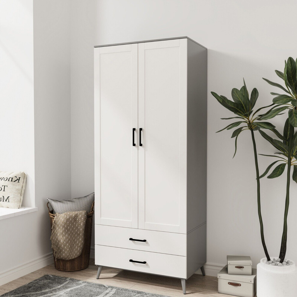 (Grey & White) DEVON 180cm Modern Wardrobe 2 Door 2 Drawer Bedroom Storage with Hanging Rail