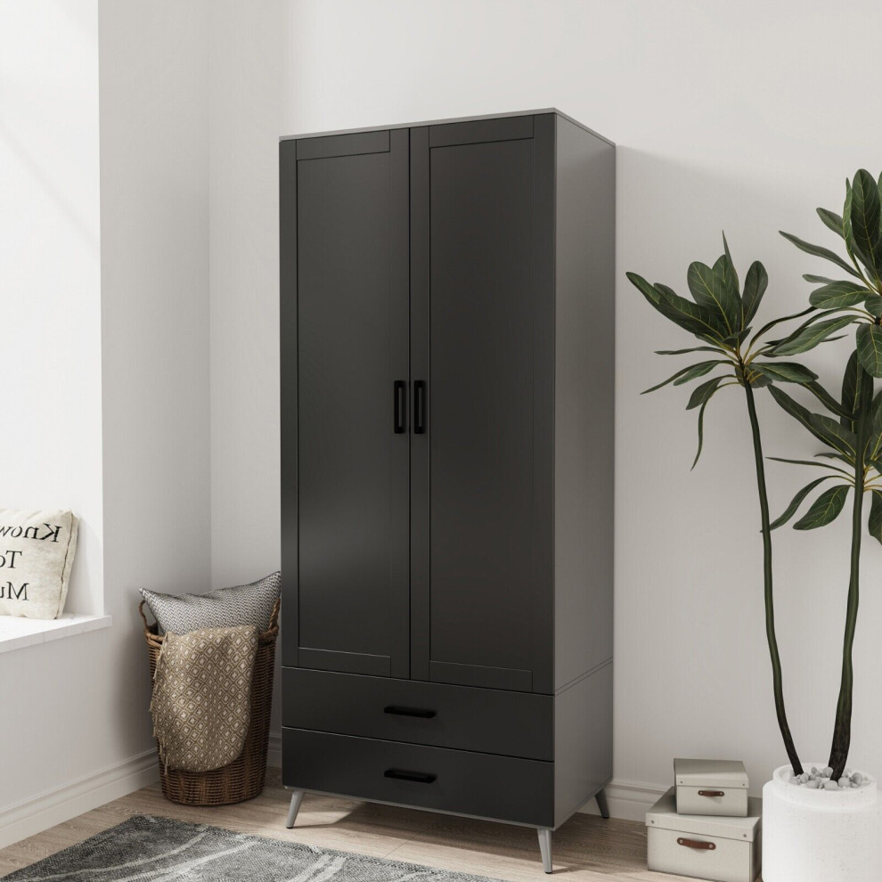 (Grey & Black) DEVON 180cm Modern Wardrobe 2 Door 2 Drawer Bedroom Storage with Hanging Rail