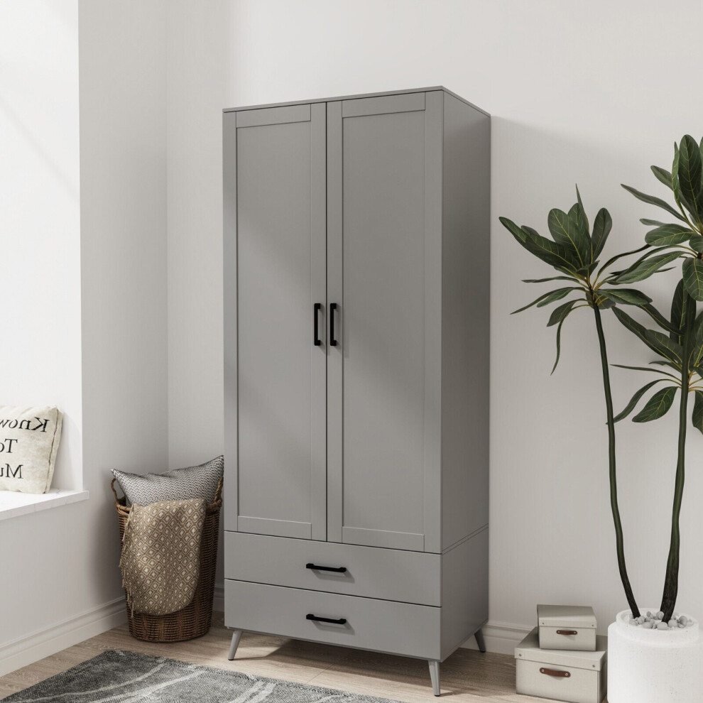 (Grey) DEVON 180cm Modern Wardrobe 2 Door 2 Drawer Bedroom Storage with Hanging Rail