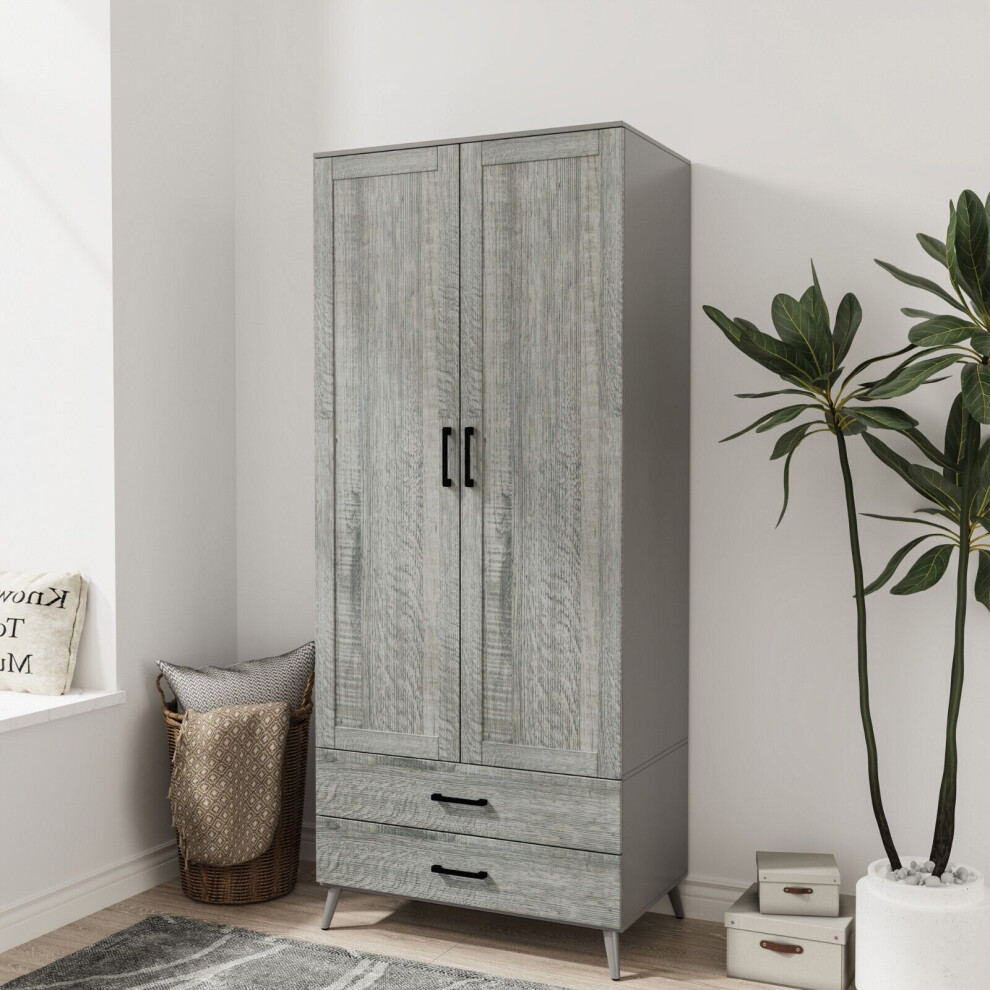 (Grey & Ash Grey) DEVON 180cm Modern Wardrobe 2 Door 2 Drawer Bedroom Storage with Hanging Rail