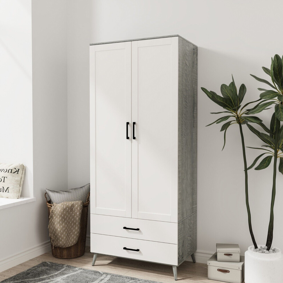 (Ash Grey & White) DEVON 180cm Modern Wardrobe 2 Door 2 Drawer Bedroom Storage with Hanging Rail