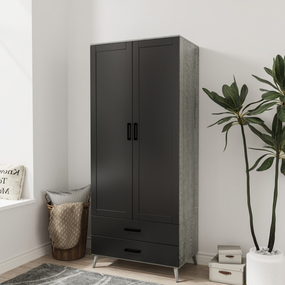 (Ash Grey & Black) DEVON 180cm Modern Wardrobe 2 Door 2 Drawer Bedroom Storage with Hanging Rail