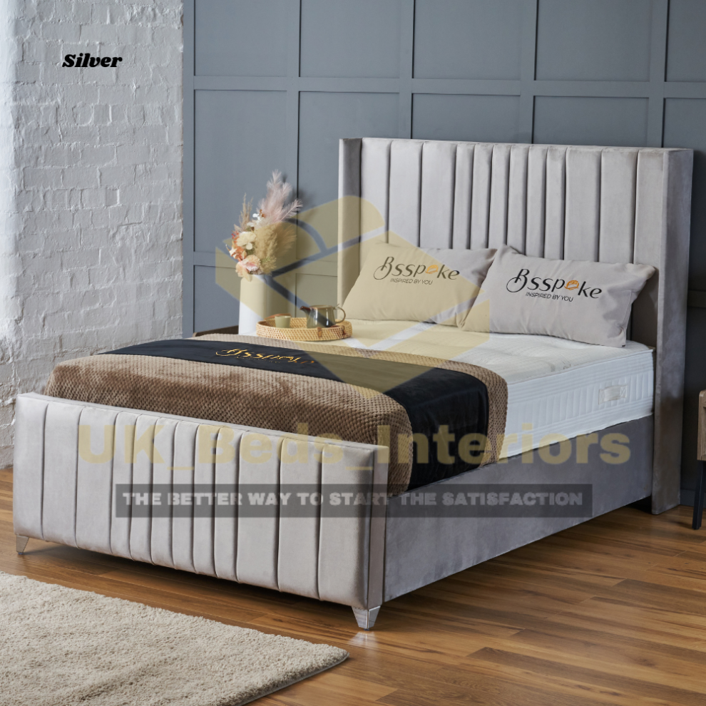 (Grey(without Mattress), 4ft Small Double(with Gaslift)) Plush Velvet Panel Wingback Bed Frame Gas Lift Up Storage & Mattress 4ft6/5ft/6ft