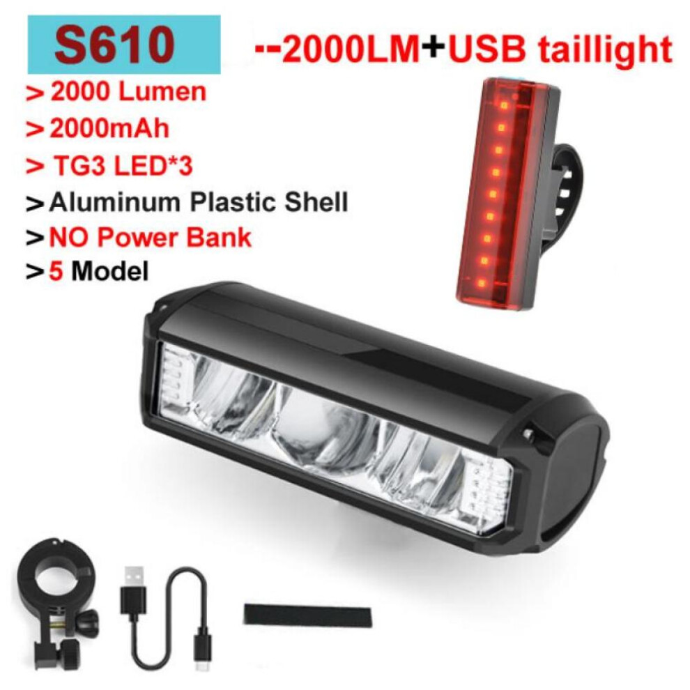 (as the picture, EOS610+USB taillight) 6000lumen Bicycle Front Light  Usb Rechargeable 8000mah Power Bank Waterproof Bike Led Lights Night Riding Cycling Flashlight