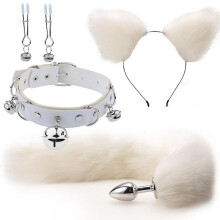 (White) 4 Pcs Metal Massager Fox Tail Set Role Play Cosplay