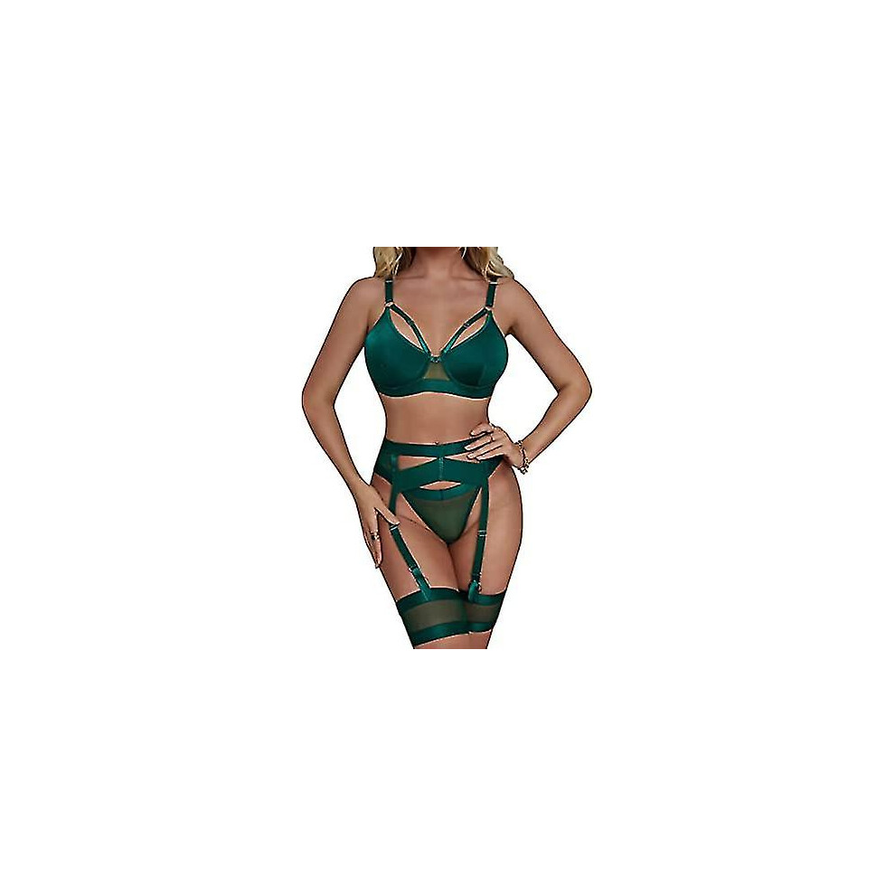(green, XXL) Sexy Lingerie Set For Women 4 Piece Bra And Panty Set With Garter Belt Strappy Lingerie Set With Thigh Cuffs