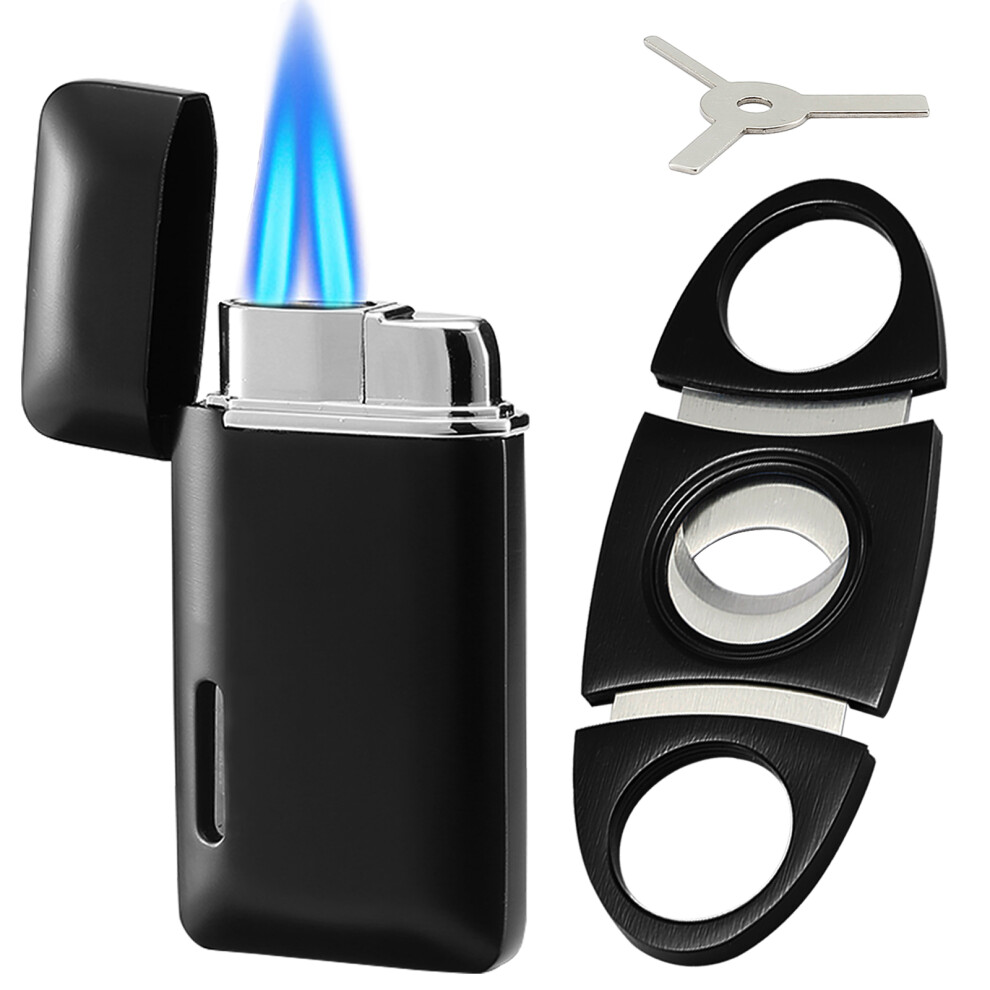 Yeuligo Black (Black) Double Jet Flame Cigar Cutter And Lighter Set