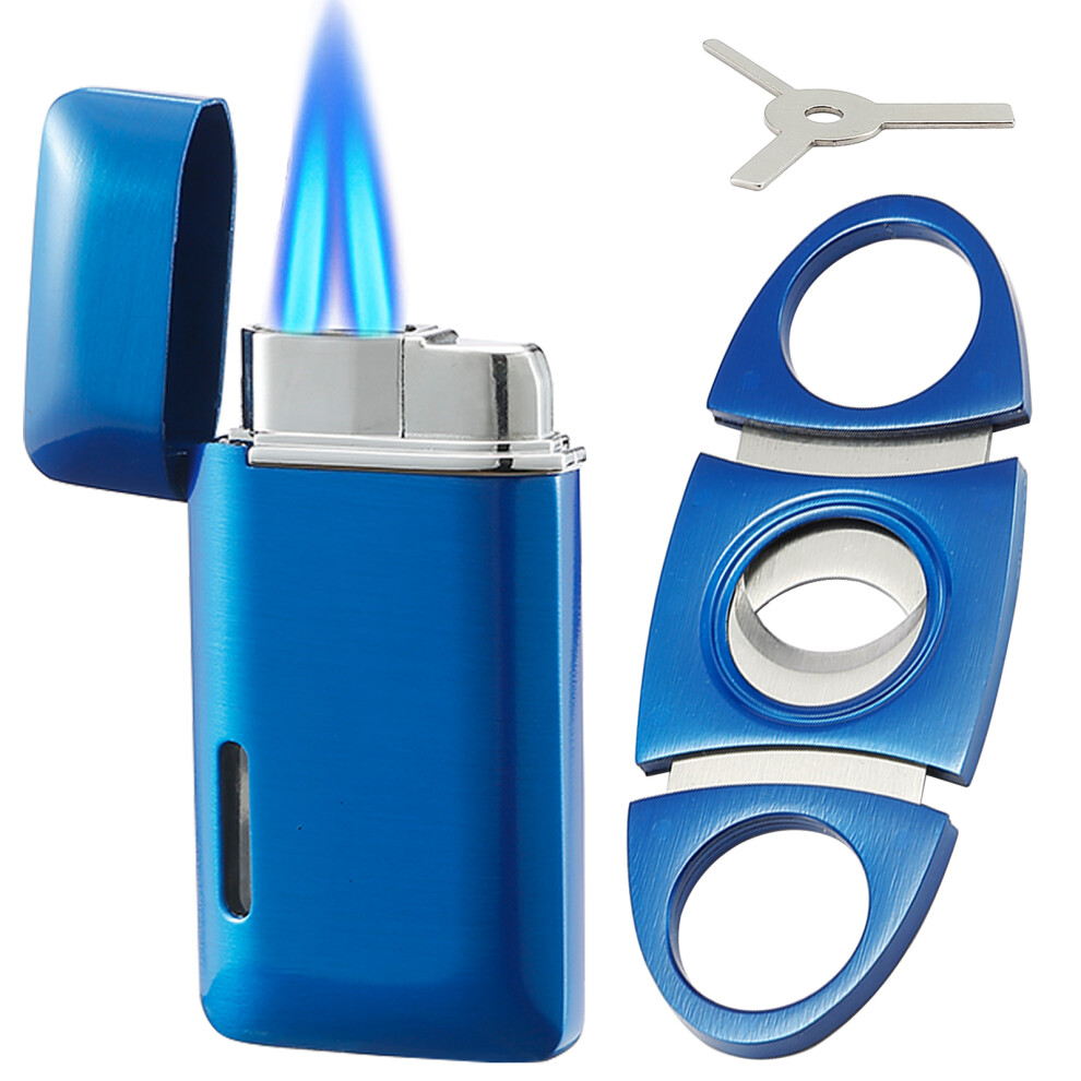 Yeuligo Blue (Blue) Double Jet Flame Cigar Cutter And Lighter Set