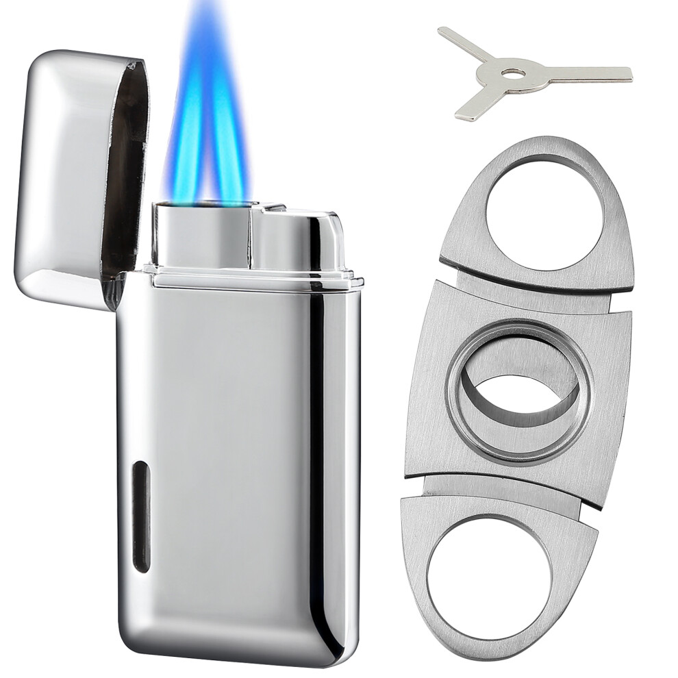 Yeuligo Silver (Silver) Double Jet Flame Cigar Cutter And Lighter Set