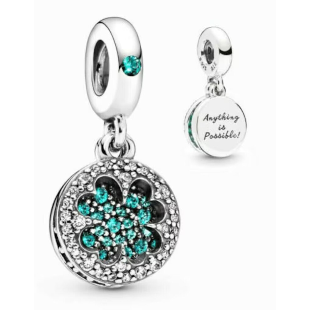 Genuine 925 Silver Lucky Clover Green Four Leaf Dangle Charm With Engraved " Anything is Possible