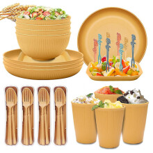 (Yellow) Unbreakable Dinnerware Sets Camping Plates And Bowls Set Plastic Picnic Dinner Sets
