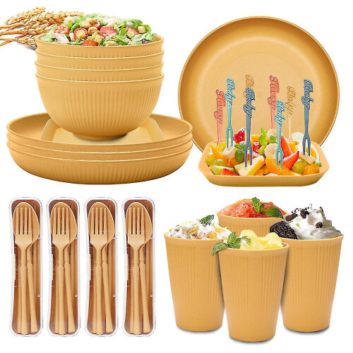 (Yellow) Unbreakable Dinnerware Sets Camping Plates And Bowls Set Plastic Picnic Dinner Sets