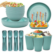 (Green) Unbreakable Dinnerware Sets Camping Plates And Bowls Set Plastic Picnic Dinner Sets