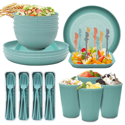 (Green) Unbreakable Dinnerware Sets Camping Plates And Bowls Set Plastic Picnic Dinner Sets