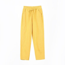 (yellow, XL) Women Solid Color Elastic Waist Ankle Length Pants Spring Summer Pure Cotton Pocket Ladies Trousers