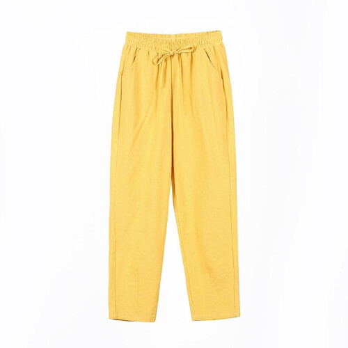 (yellow, XL) Women Solid Color Elastic Waist Ankle Length Pants Spring Summer Pure Cotton Pocket Ladies Trousers
