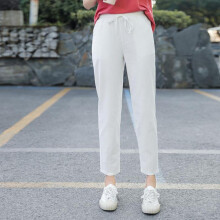 (white, L) Women Solid Color Elastic Waist Ankle Length Pants Spring Summer Pure Cotton Pocket Ladies Trousers