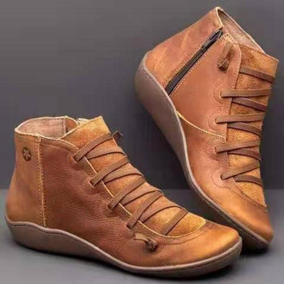 (brown, 38) Snow Boots  Women Winter Genuine Leather Ankle Spring Flat Shoes Woman Short Vintage Boots With Fur For Women Lace Up Boots